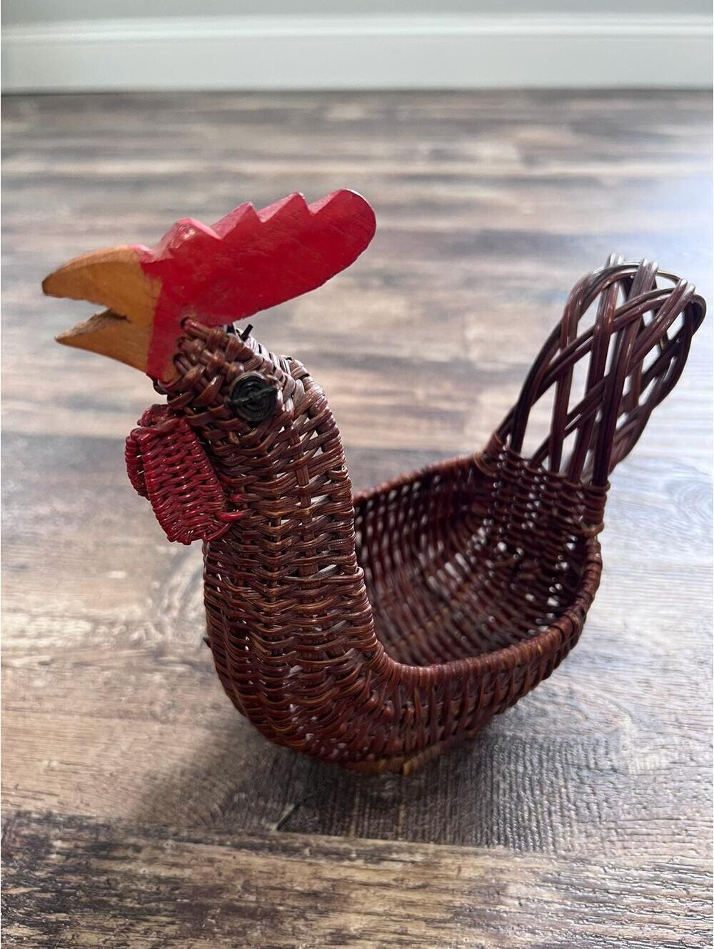 Vintage Wicker Rooster Basket | Handwoven Chicken with Carved Wooden Head